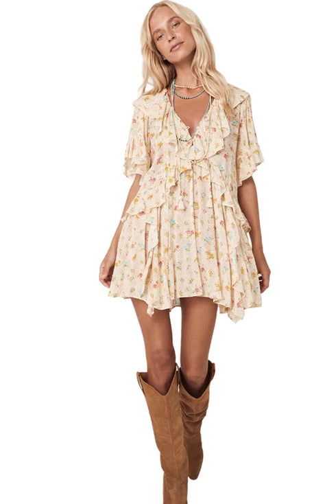 Boho Ruffle Mini Dress with Tassel Tie and Floral Print